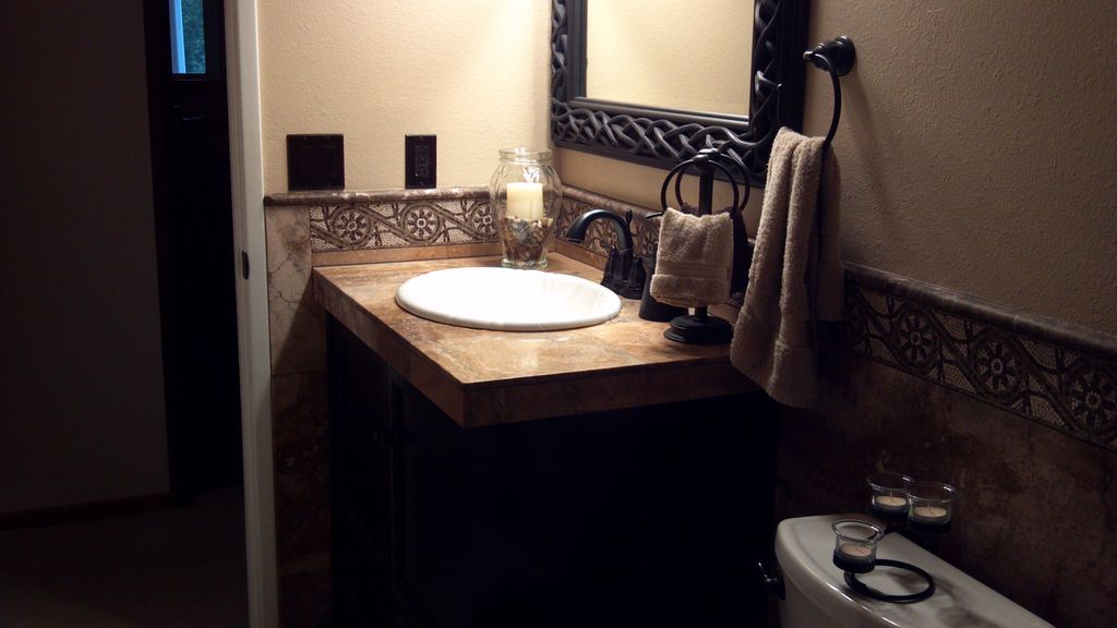 Travertine counter and backsplash
