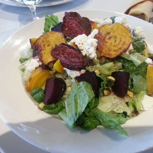 Roasted beet salad with goat cheese and beet chips