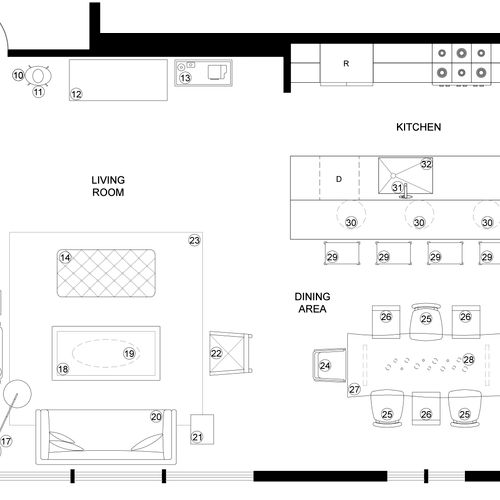 Floor Plan- Living, Kitchen, Dining Room.
