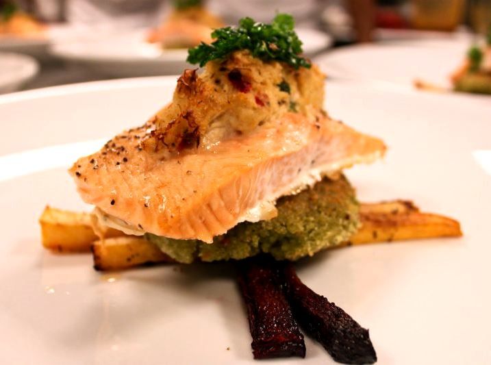 Crab Stuffed Salmon with Cilantro Rice Cake, Roast