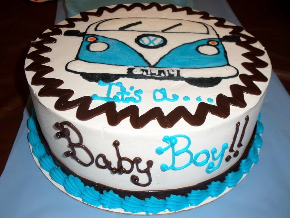 Boy baby shower cake, VW bus design, whipped cream