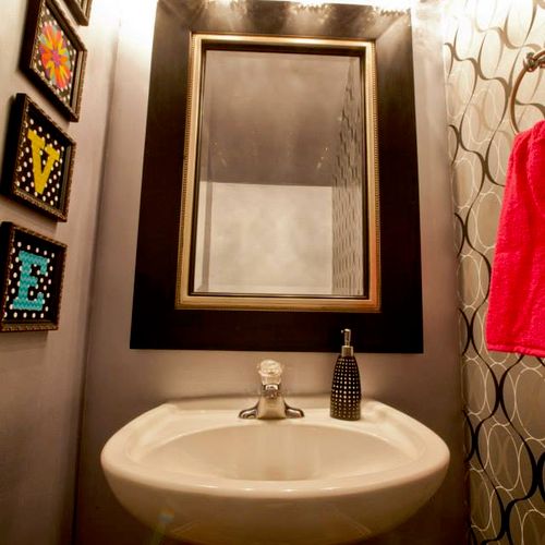 Powder Room with gunmetal paint and bold graphic w