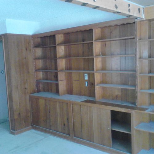 Wood panel bookshelf before