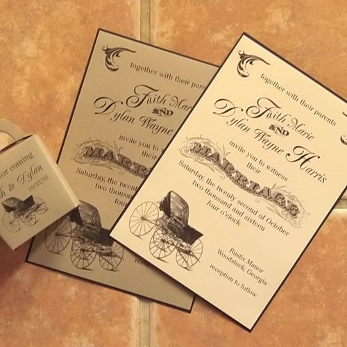 Rustic wedding invitations featuring a carriage