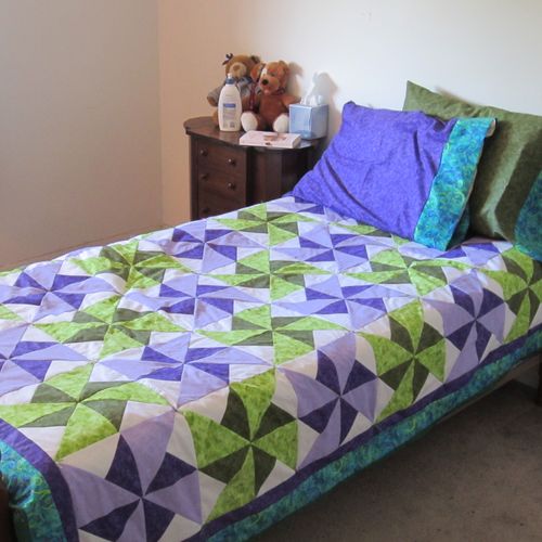 Purple and Green Double Pinwheel Quilt and Pillow 