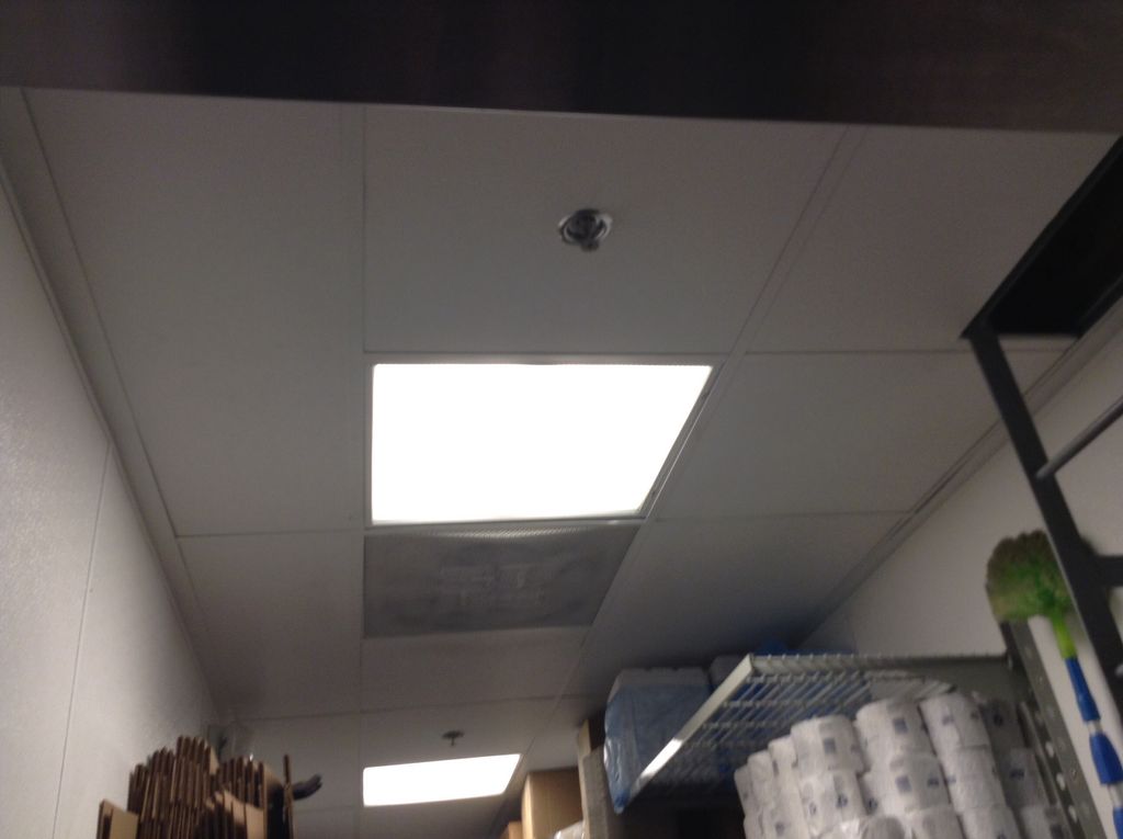 Installed vinyl ceiling tiles, grid, and lighting 