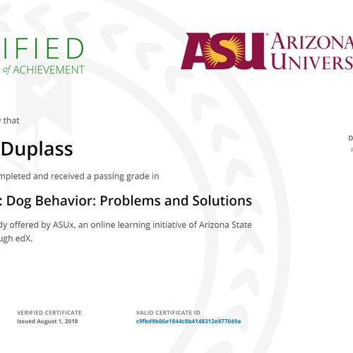 Certificate from ASU in Dog Behavior: Problems and