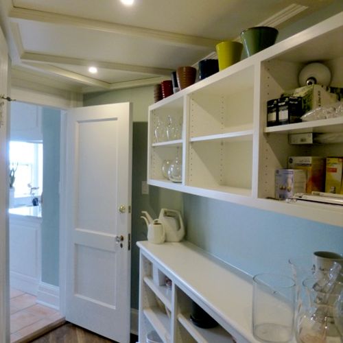 Storage cabinets and custom wood ceiling