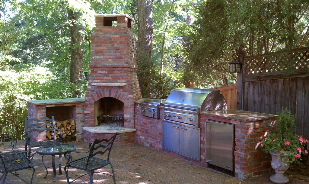 Custom brick fireplace, with custom copper counter