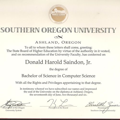 Donny's Degree in Computer Science from Southern O