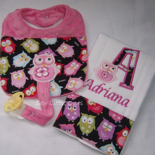 Personalize Owl Burp Cloth with Pacifier Bib