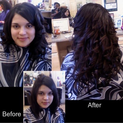 Before and after pic of Hairloc hair extensions.