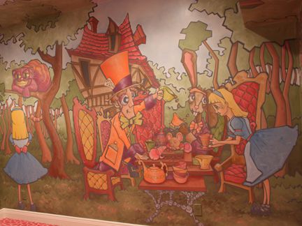 An Alice in Wonderland themed playroom.