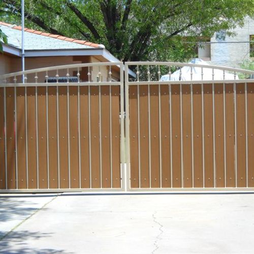 Composite wood double swing iron/wood RV gate