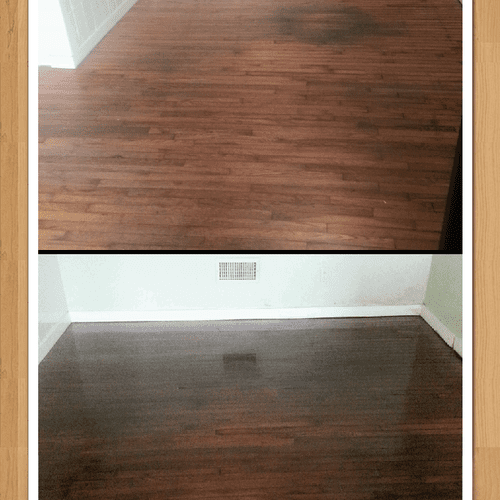 Top picture: Before photo of a damaged dining room