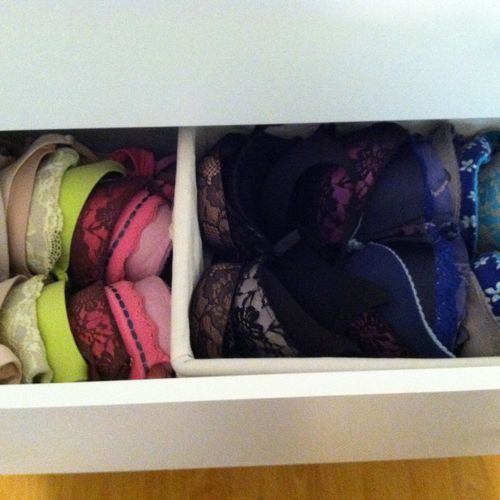 Bras organized beautifully and by color too!