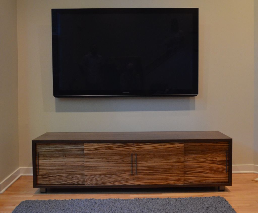Zebrawood and Walnut media console designed and bu