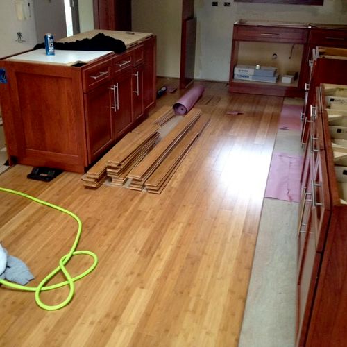 Bamboo flooring installed in a custom kitchen remo
