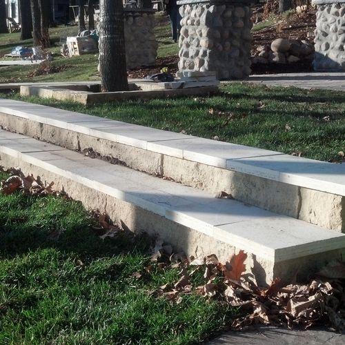 Limestone step and grass patio