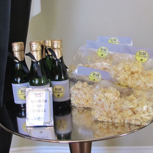 Personalized mini champagnes and decadent popcorn 