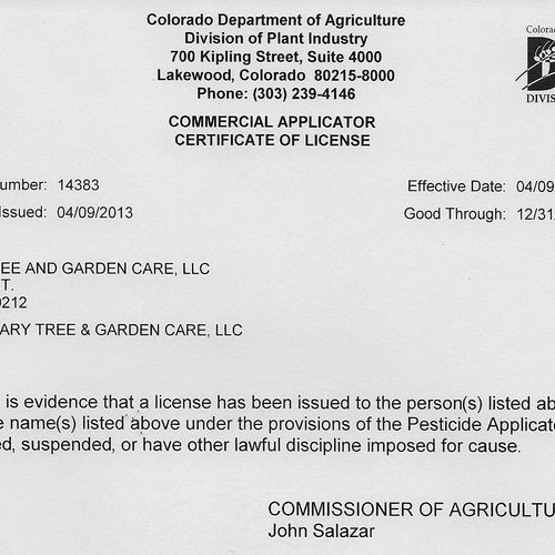 Commercial Pesticide Applicators License #14383
Is