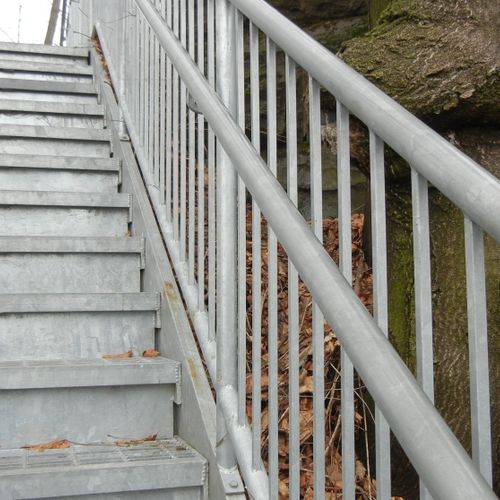 Galvanized steel railings and stairs.