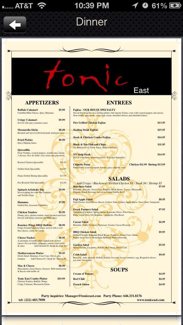 Tonic East - Menu