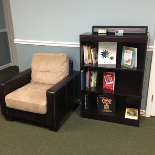 MEA Piano Studio Waiting Room: Books to read and a comfy chair.