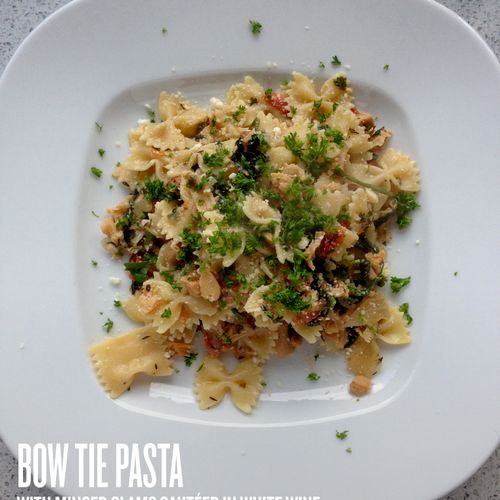 Bo Tie Pasta with minced clams sauteed in white wi