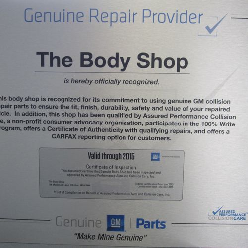 THE BODY SHOP has been recoginized as a Genuine GM
