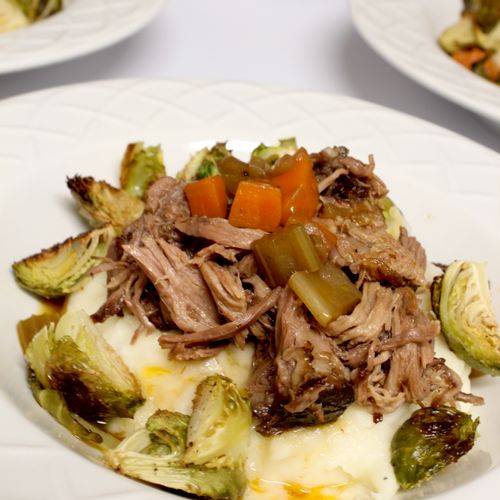 Red Wine Pot Roast with Mashed Potatoes and Roaste