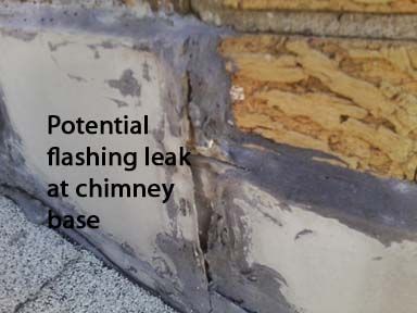 Potential flashing leak ate chimney base.