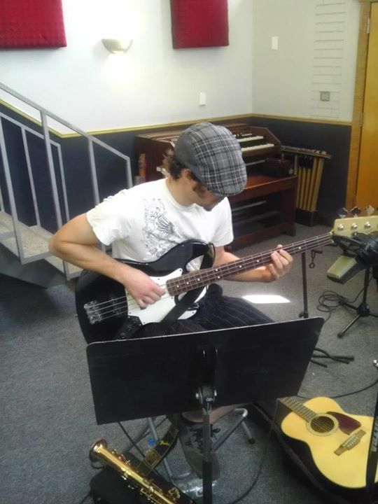 Playing bass in studio with Mockingbird Blue