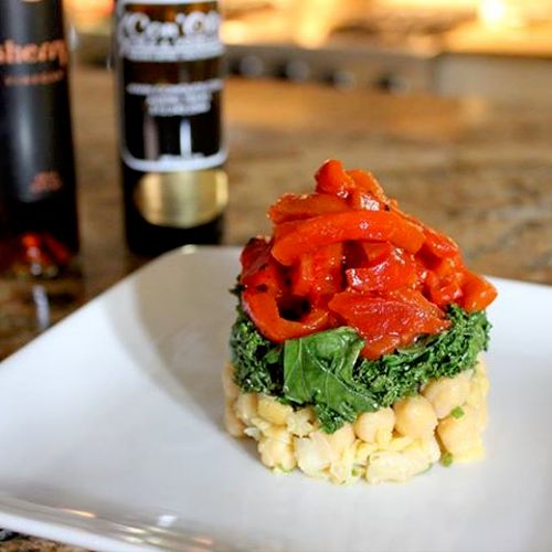 Chickpea salad, sauteed kale and roasted bell pepp