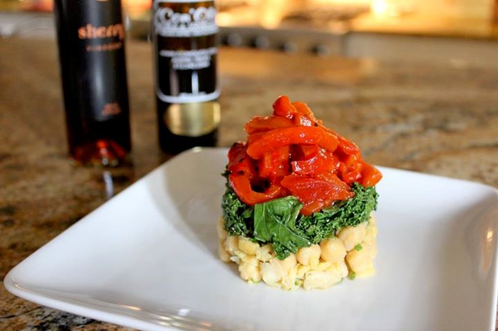 Chickpea salad, sauteed kale and roasted bell pepp