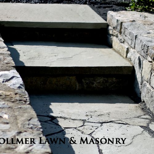 stone wall, steps and flagstone walkway