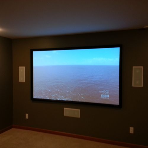 102" Projection screen with on-wall speakers.