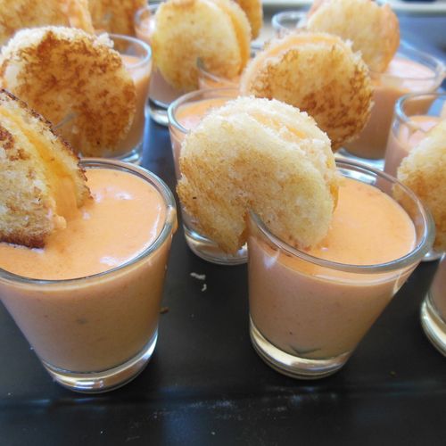 tomato bisque soup shooters with mini grilled chee