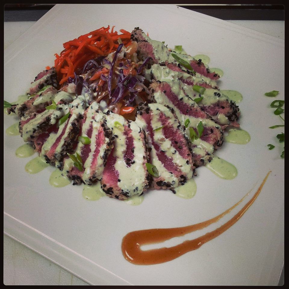 Sesame seared ahi tuna, with coleslaw, and a  spic