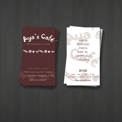 Business card for Mediterranean restaurant, Aya's 