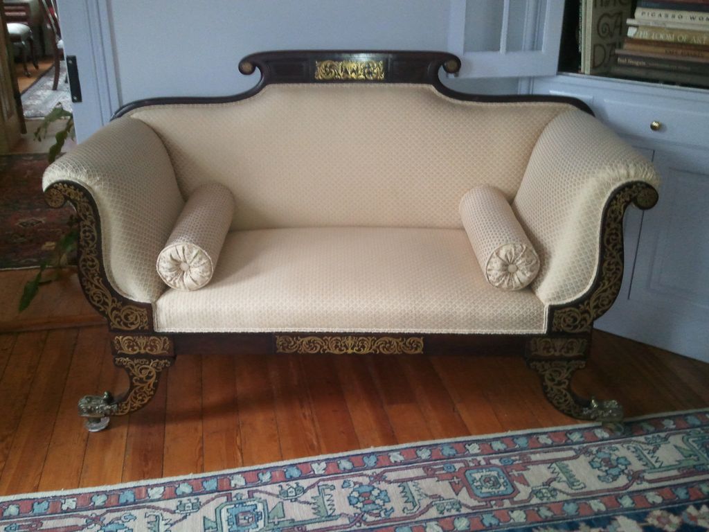Restored and Reupholstered Rosewood and Brass Sofa