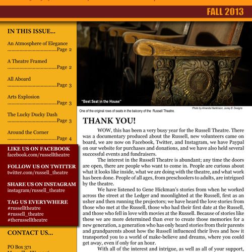 Fall newsletter for the Russell Theatre that was c