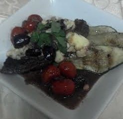 Mediterranean Steak topped with Kalamata Olives, C