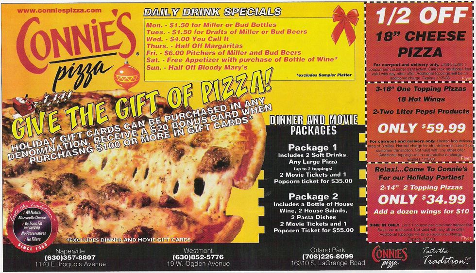 Connie's Pizza ad, produced for Flyer Publications