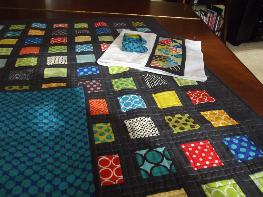 Candy Crush baby quilt and matching burp cloth and