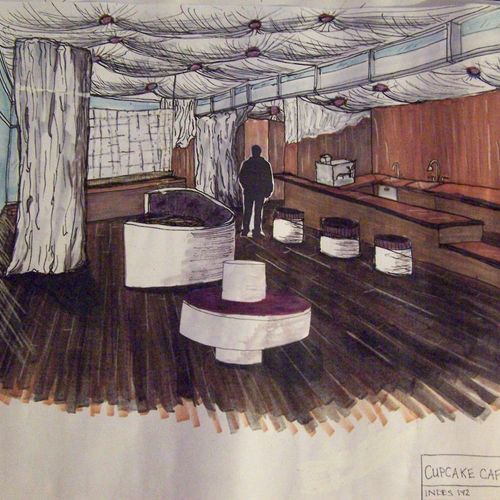 Hand-drawn perspective sketch of cupcake shop.