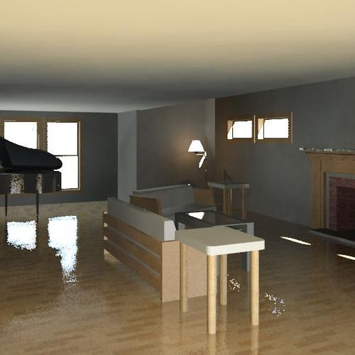 Computer-drawn perspective of living room layout.