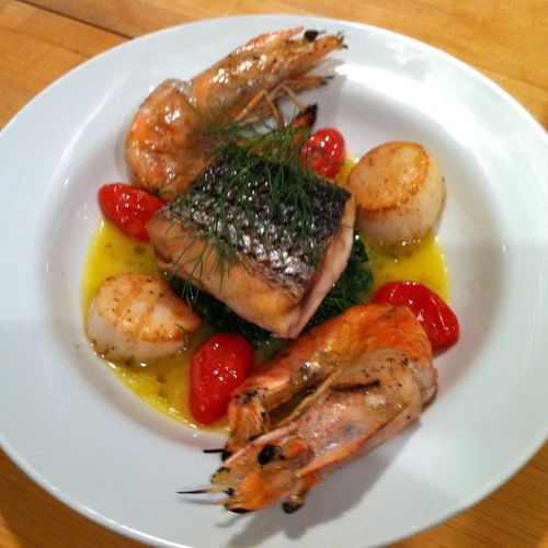 Striped Bass, Jumbo Prawn, and Scallops with Saffr