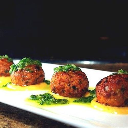 Albondigas with Golden Beet Puree and Chimichurri