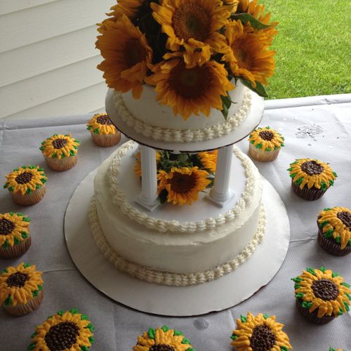 Sunflower Wedding Cake with Sunflower Cupcakes